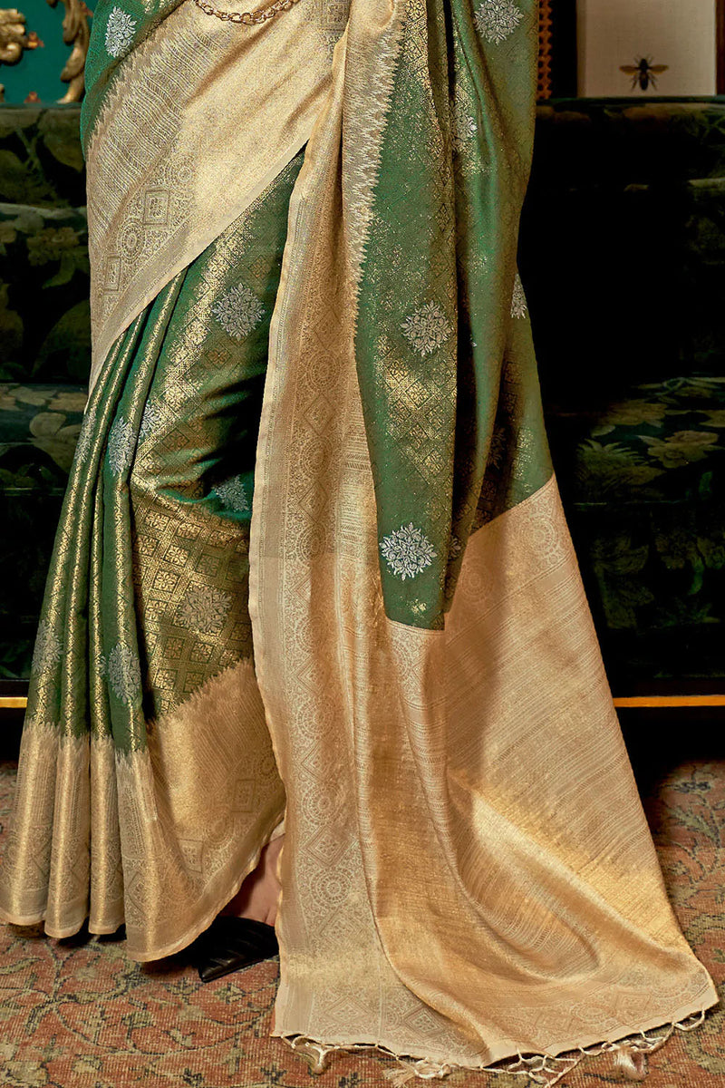 Moss Green And Beige Kanjivaram Silk Saree