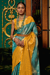 Butterscotch Yellow And Blue Kanjivaram Silk Saree