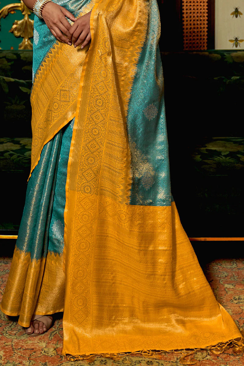 Butterscotch Yellow And Blue Kanjivaram Silk Saree