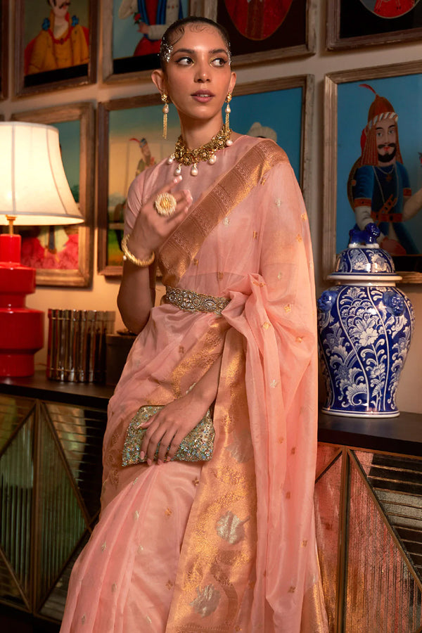 Thulian Pink Copper Zari Weaving Modal Silk Saree