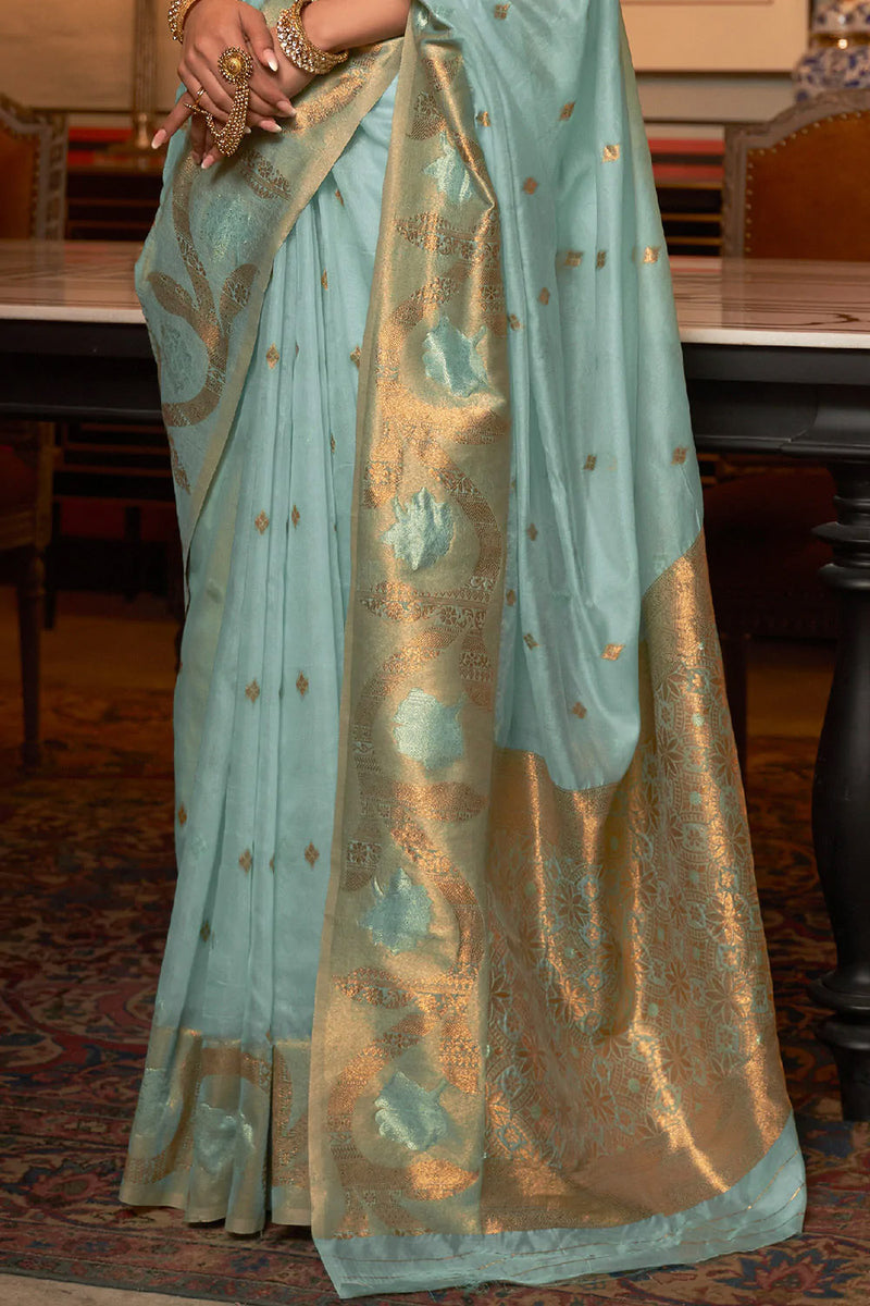 Powder Blue Copper Zari Weaving Modal Silk Saree