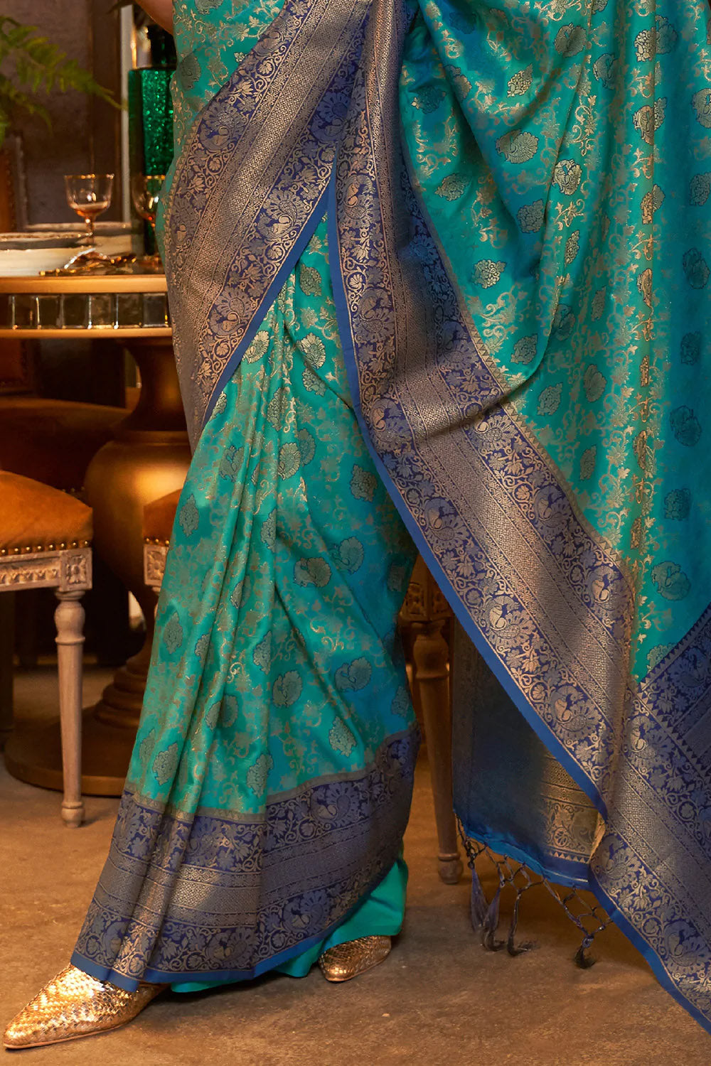 Pine Green And Blue Woven Kanjivaram Silk Saree