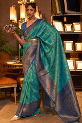 Pine Green And Blue Woven Kanjivaram Silk Saree