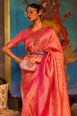 Peach And Pink Woven Kanjivaram Silk Saree