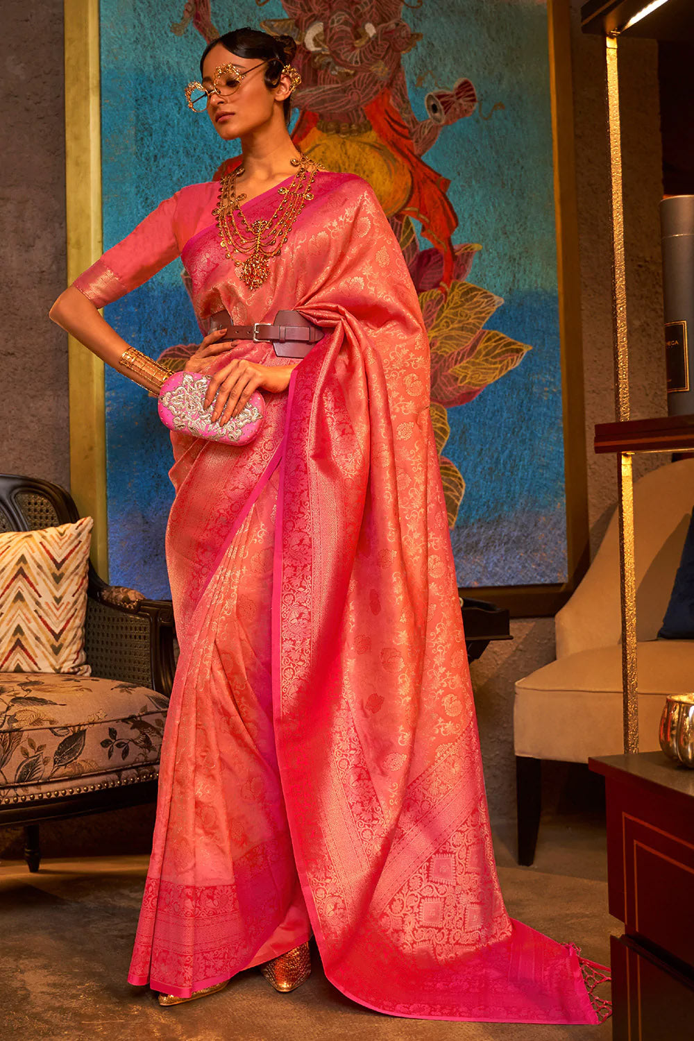 Peach And Pink Woven Kanjivaram Silk Saree