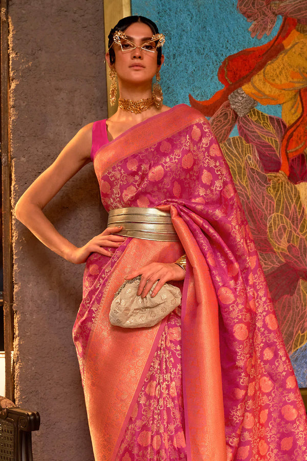 Magenta Pink And Peach Woven Kanjivaram Silk Saree