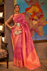 Magenta Pink And Peach Woven Kanjivaram Silk Saree