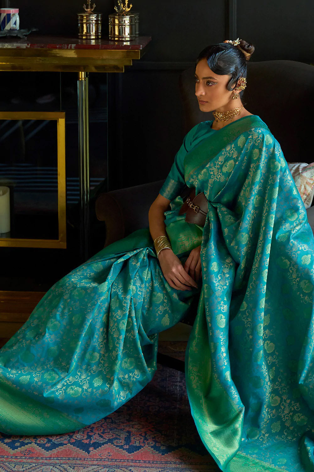 Pine Green Woven Kanjivaram Silk Saree