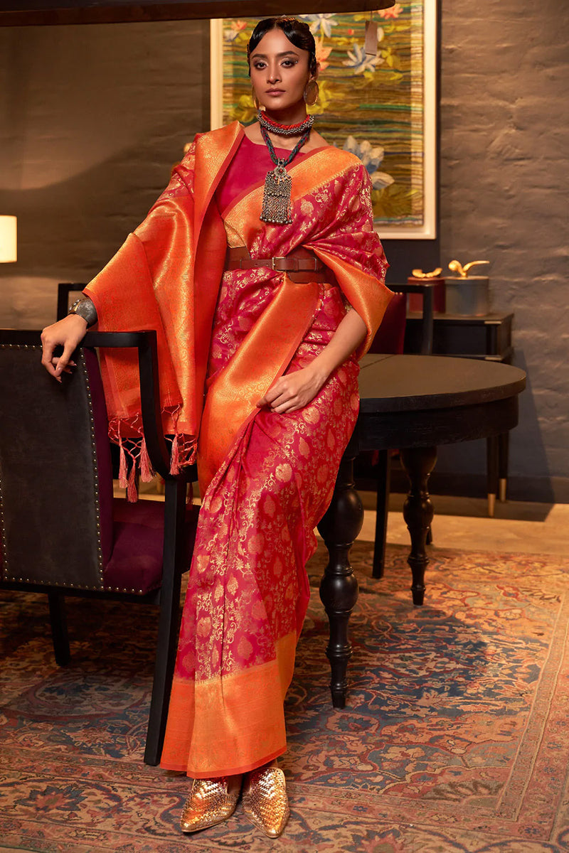 Red And Orange Woven Kanjivaram Silk Saree