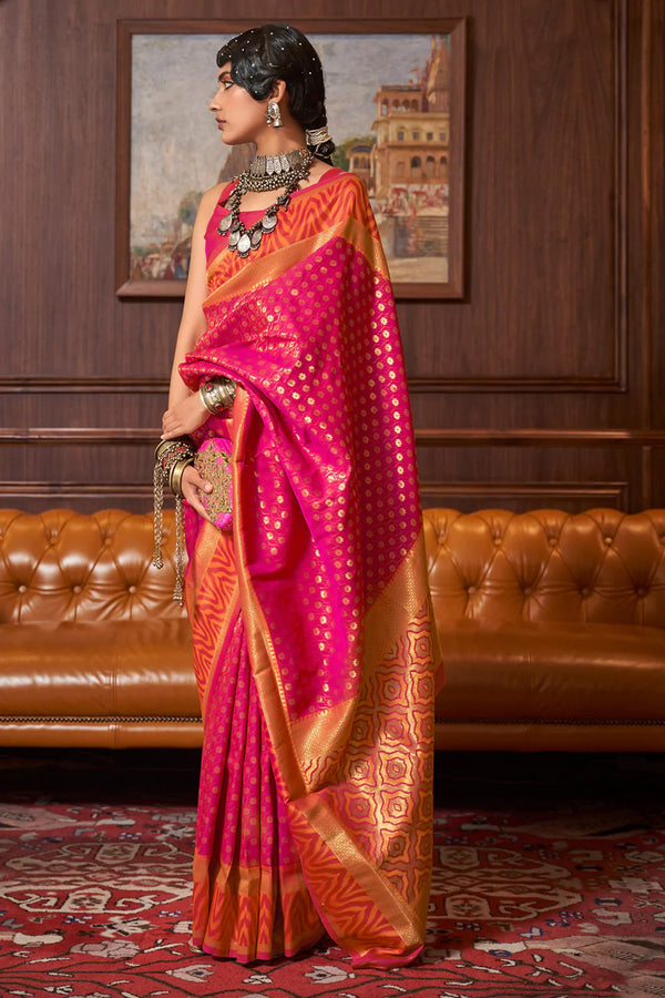 Magenta Pink And Orange Kanjivaram Silk Saree