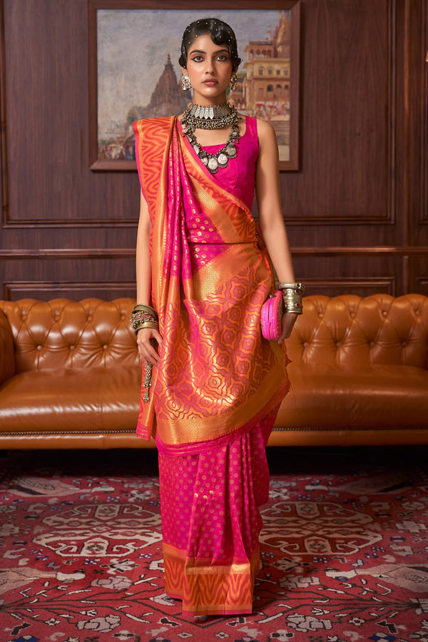 Magenta Pink And Orange Kanjivaram Silk Saree