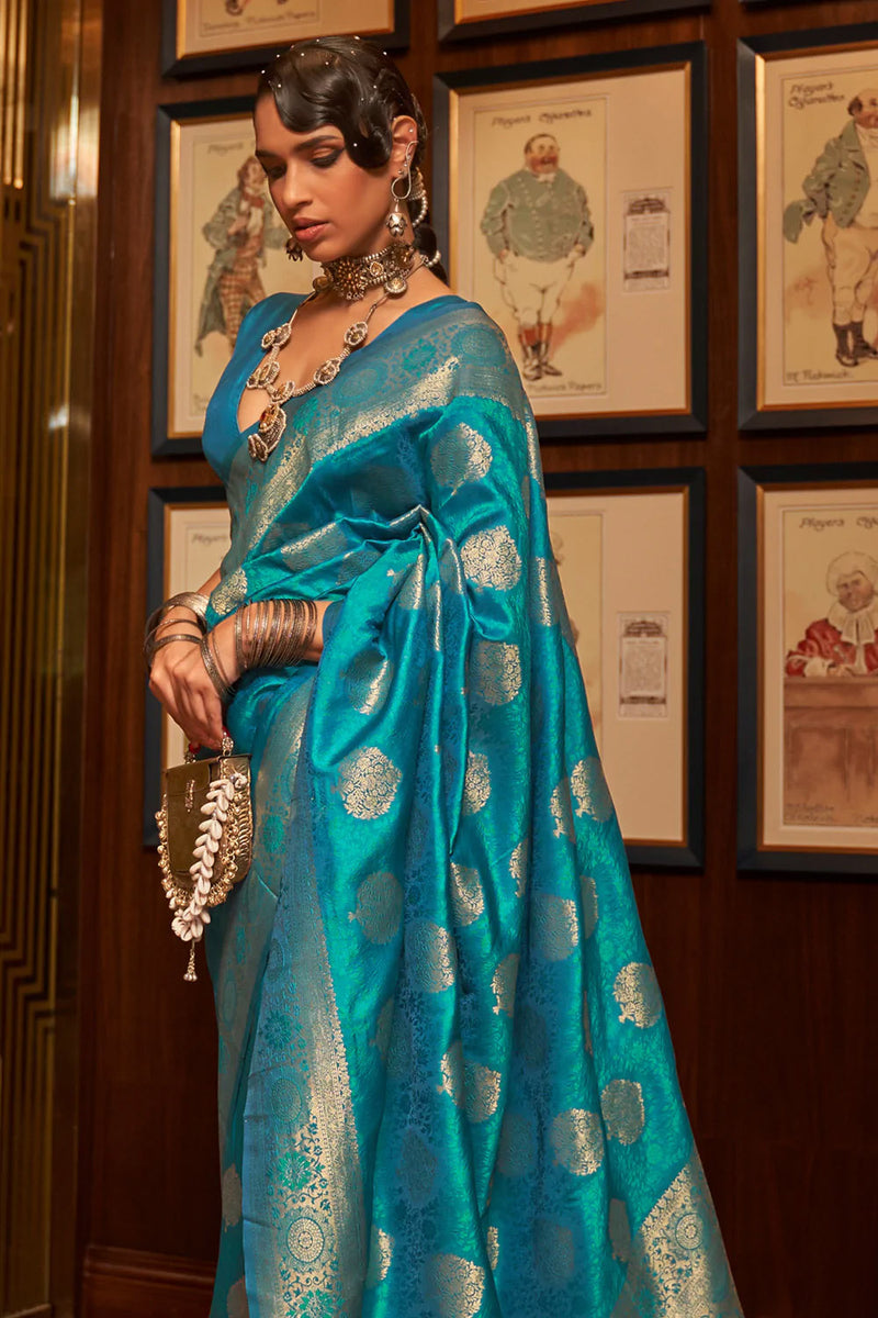 Cyan Blue Woven Kanjivaram Silk Saree