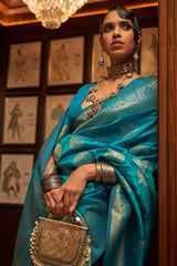 Cyan Blue Woven Kanjivaram Silk Saree