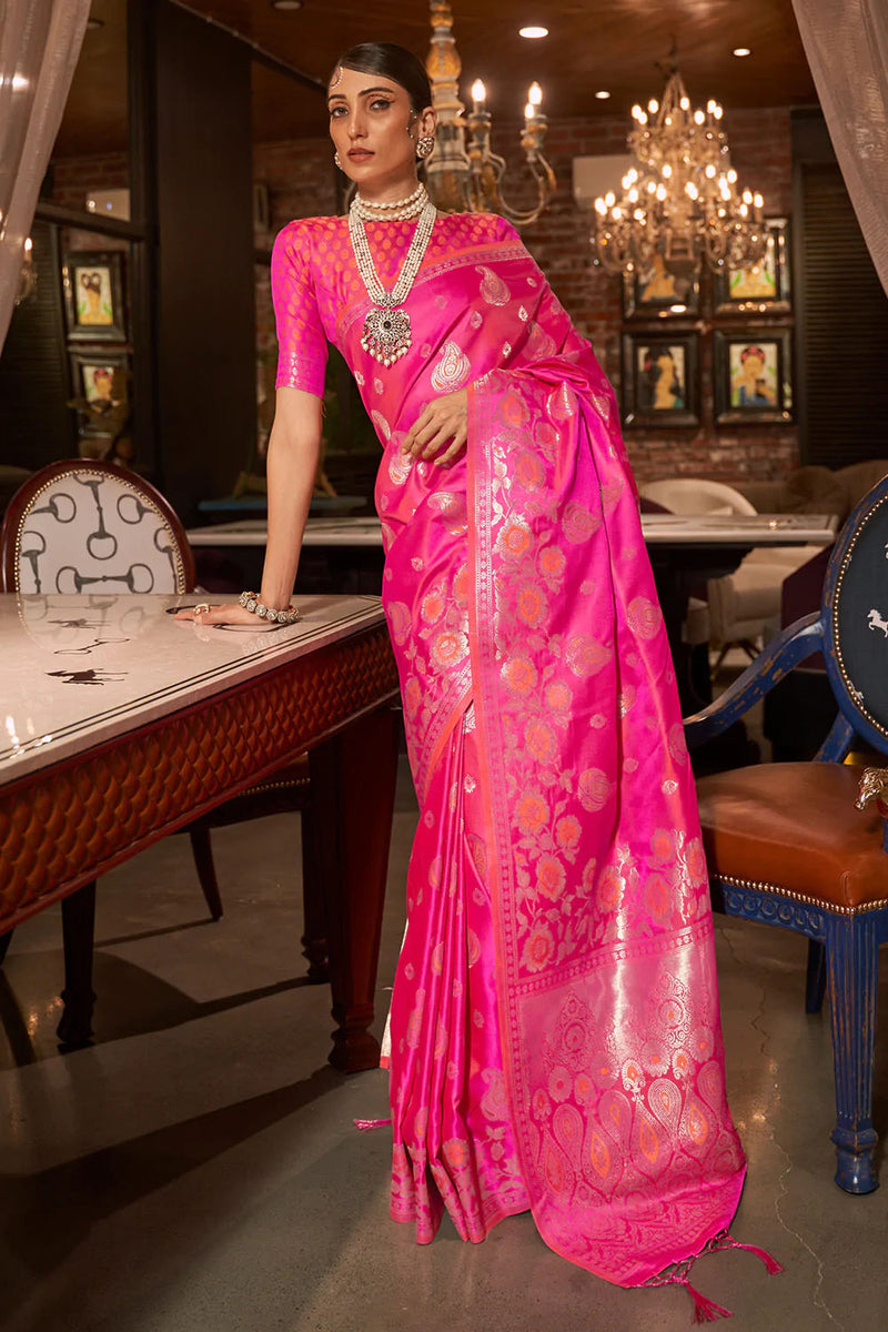 Fuscia Pink Banarasi Satin Silk Saree