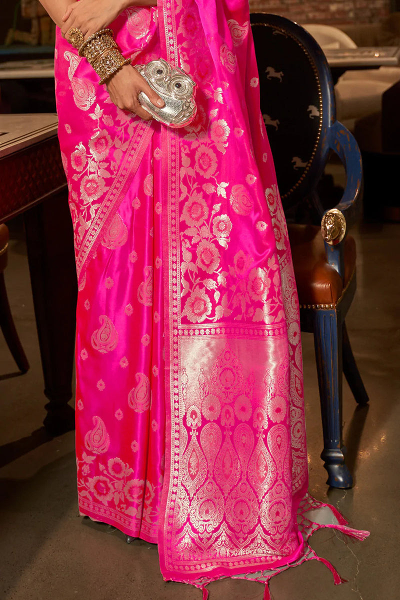 Hot Pink Banarasi Satin Silk Saree