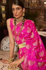 Hot Pink Banarasi Satin Silk Saree