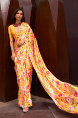 Yellow Digital Printed Satin Silk Saree