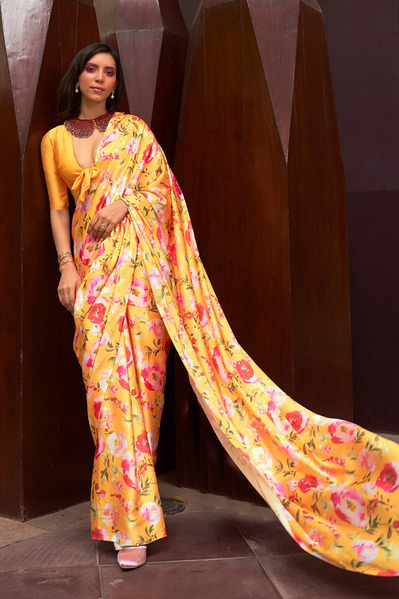 Yellow Digital Printed Satin Silk Saree