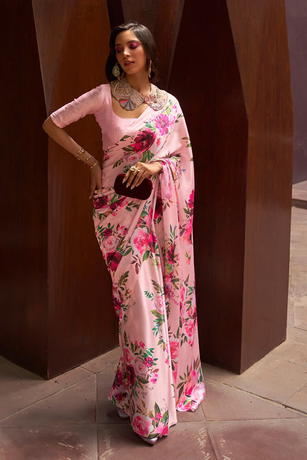 Baby Pink Digital Printed Satin Silk Saree