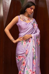 Light Purple Digital Printed Satin Silk Saree