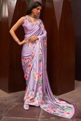 Light Purple Digital Printed Satin Silk Saree