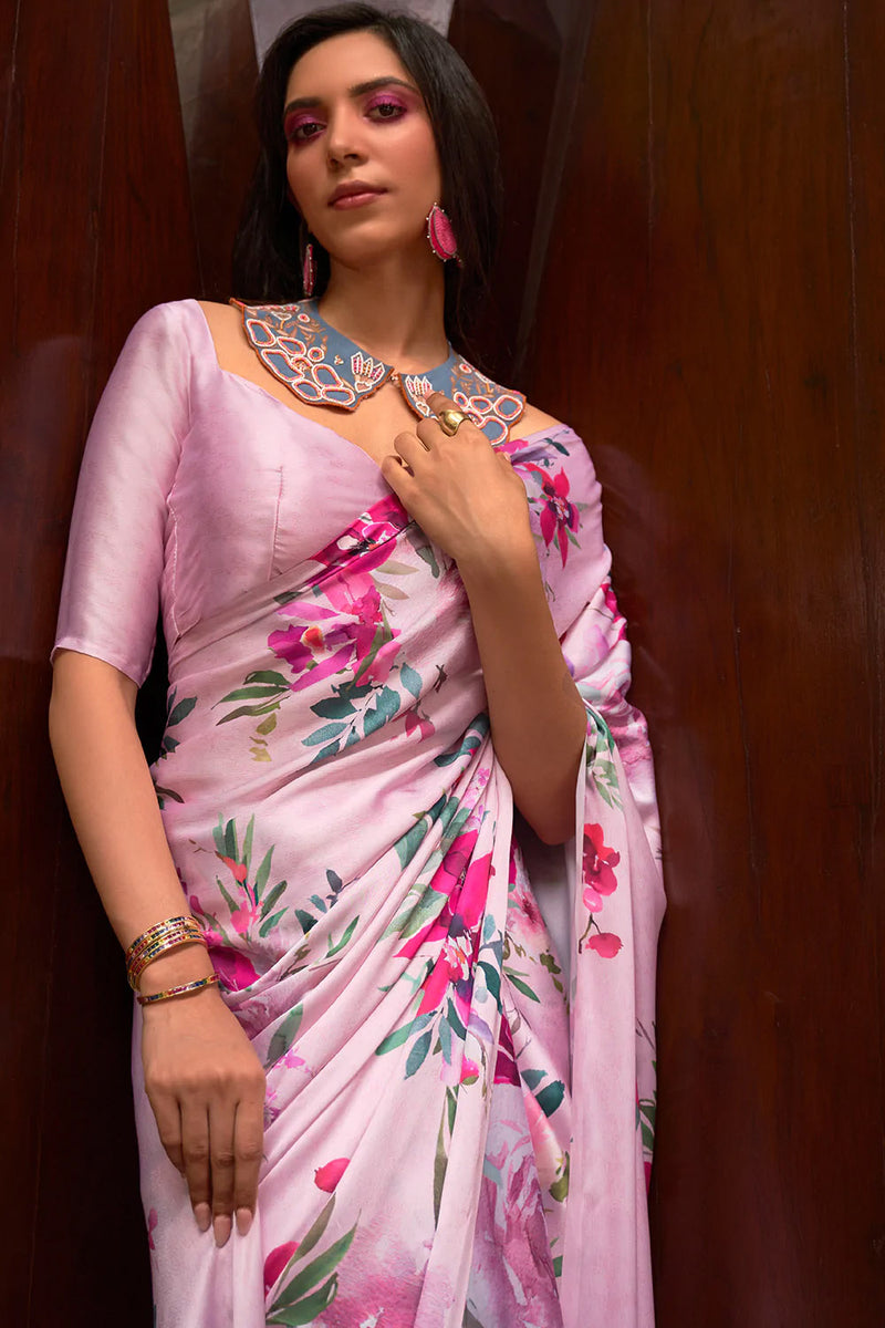 Blush Pink Digital Printed Satin Silk Saree