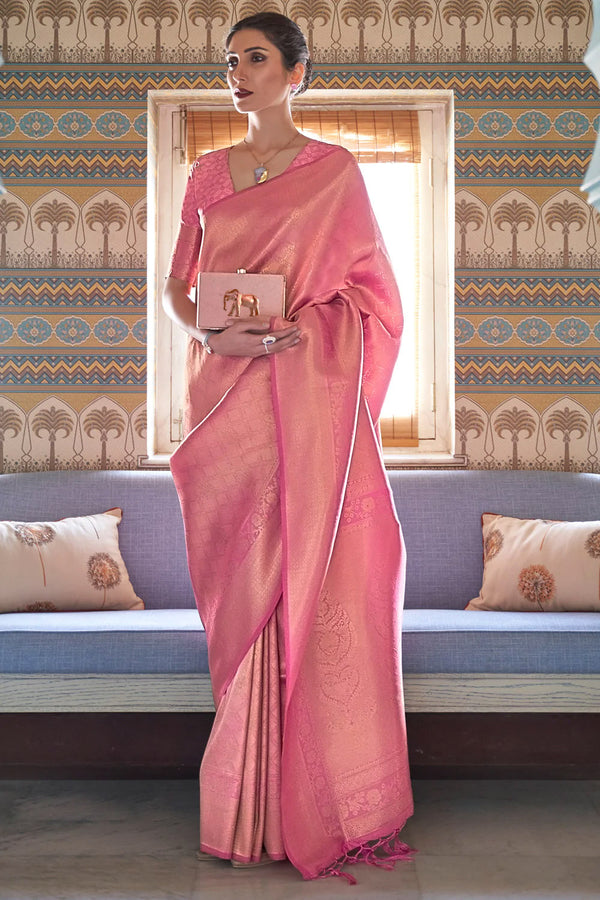Thulian Pink Woven Kanjivaram Silk Saree