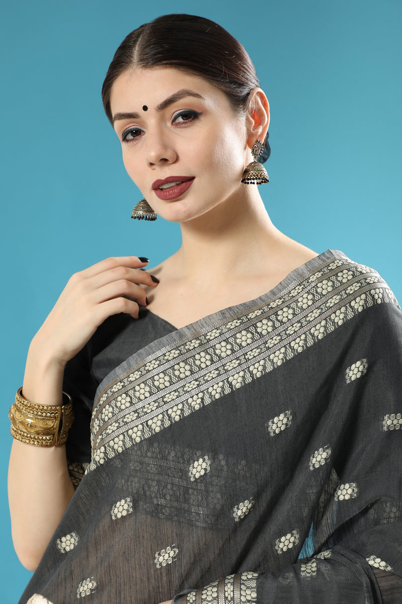 Raven Black Lucknowi Cotton Chikankari Weaving Saree