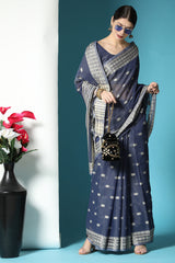 Azure Blue Lucknowi Cotton Chikankari Weaving Saree