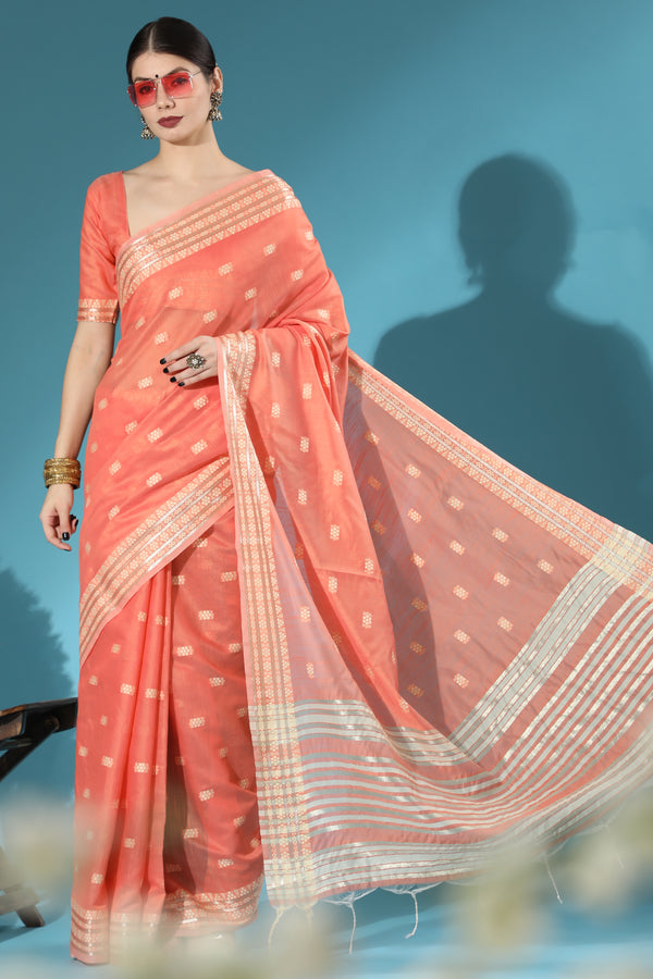 Bronze Orange Lucknowi Cotton Chikankari Weaving Saree