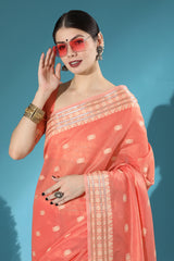 Bronze Orange Lucknowi Cotton Chikankari Weaving Saree