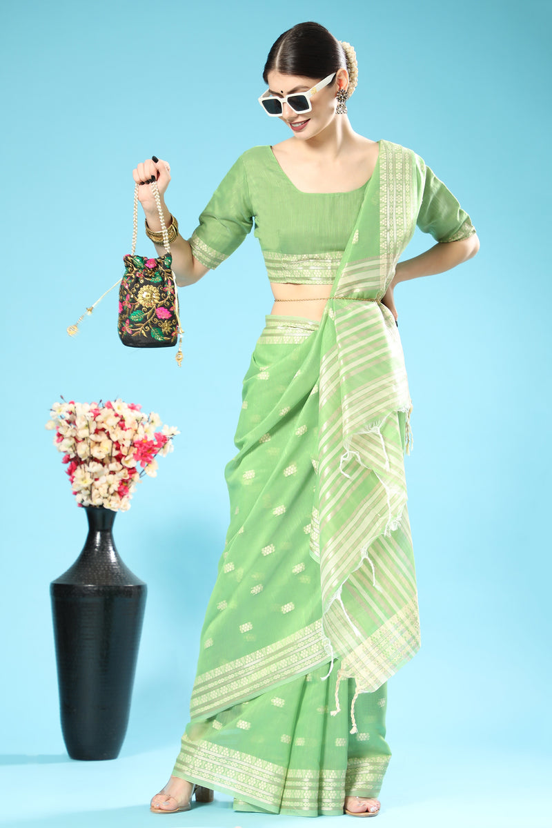 Pistachio Green Lucknowi Cotton Chikankari Weaving Saree