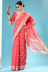 Scarlet Red Lucknowi Cotton Chikankari Weaving Saree