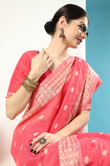 Scarlet Red Lucknowi Cotton Chikankari Weaving Saree