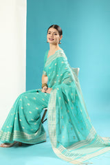 Teal Green Lucknowi Cotton Chikankari Weaving Saree