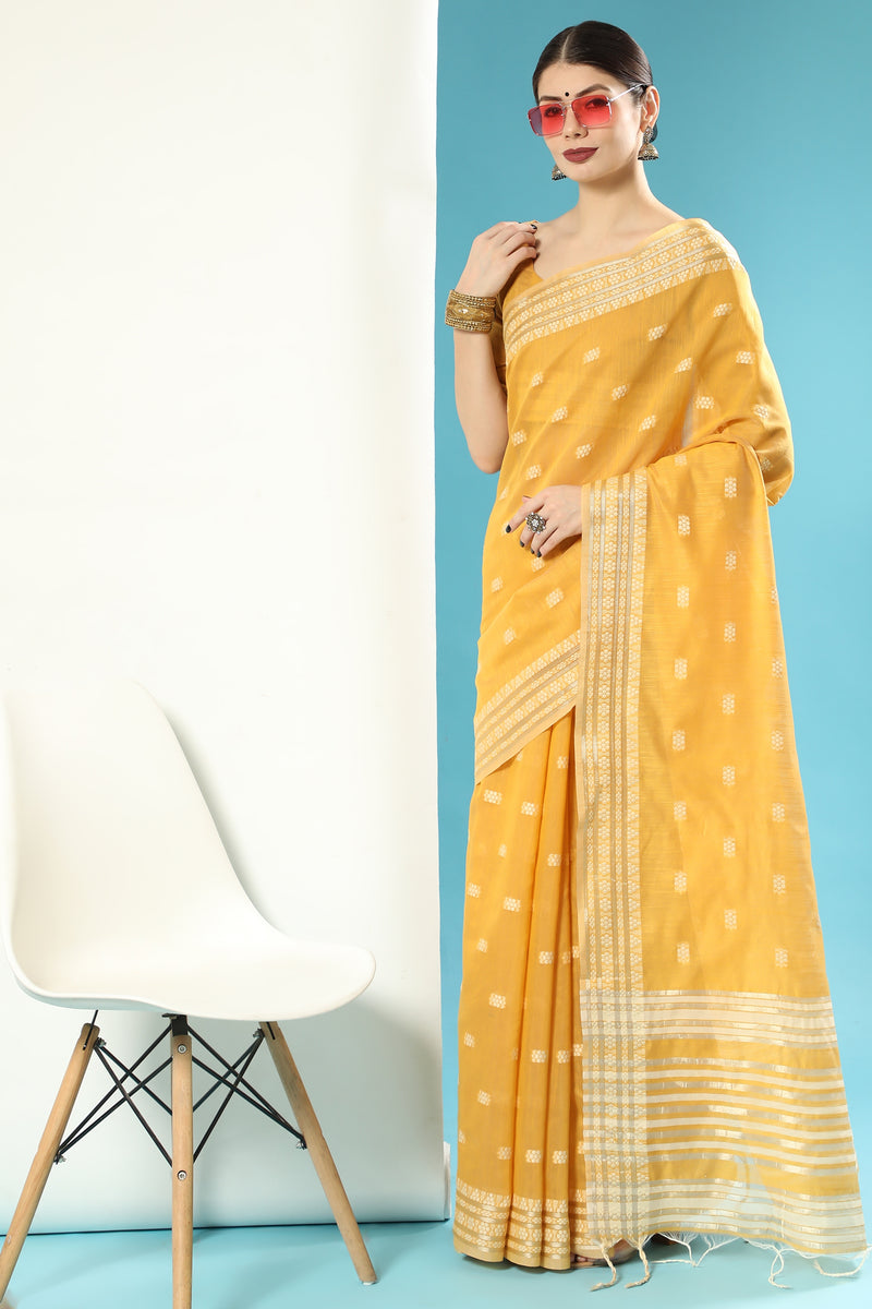 Bright Yellow Lucknowi Cotton Chikankari Weaving Saree