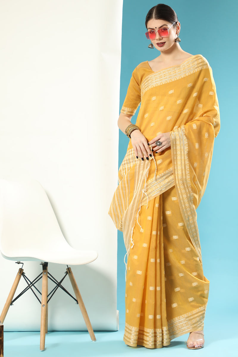 Bright Yellow Lucknowi Cotton Chikankari Weaving Saree