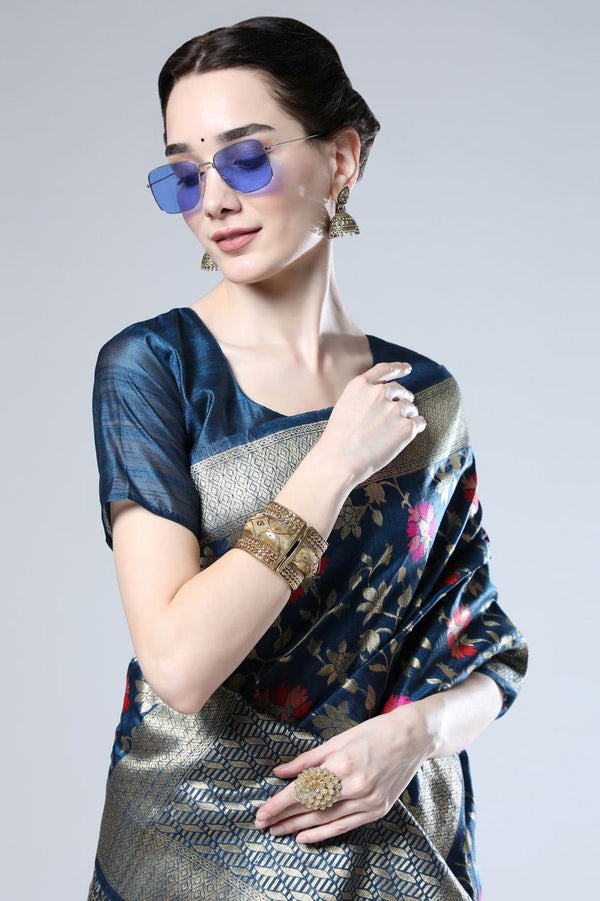 Navy Blue Weaving Tussar Silk Saree
