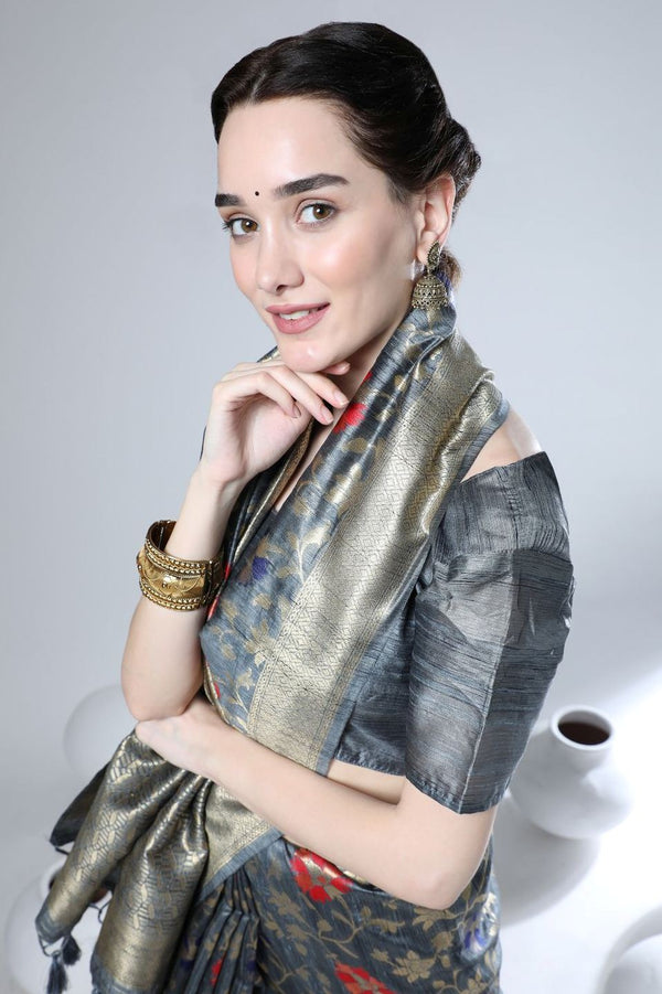 Lava Grey Weaving Tussar Silk Saree