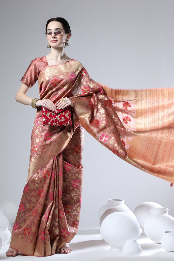 Peach Weaving Tussar Silk Saree