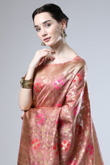 Peach Weaving Tussar Silk Saree