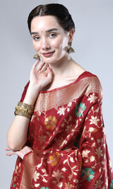 Geranium Red Weaving Tussar Silk Saree