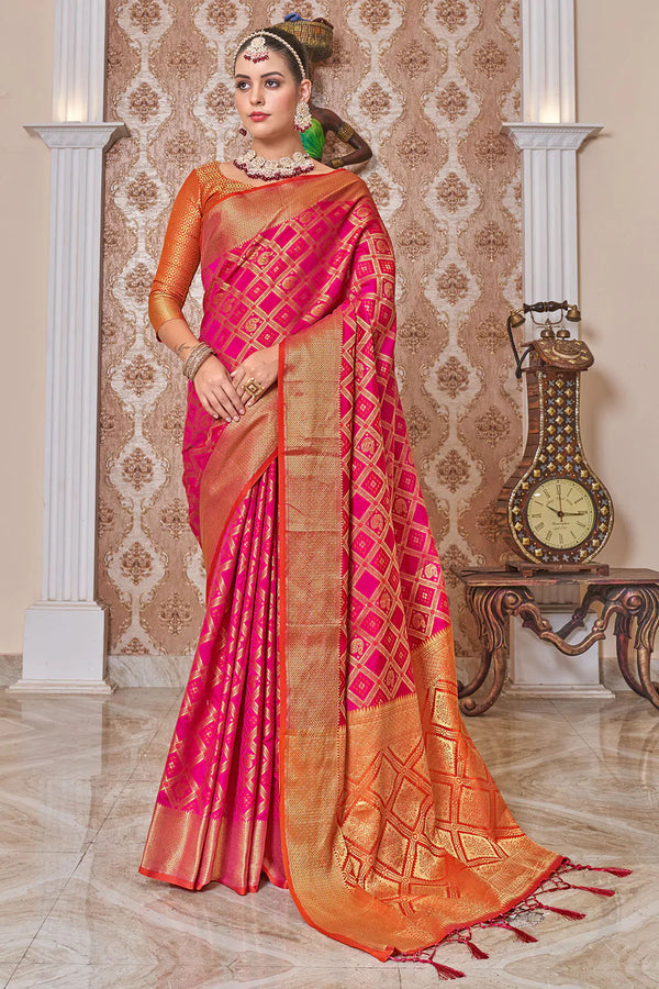 Pink And Orange Woven Banarasi Silk Saree