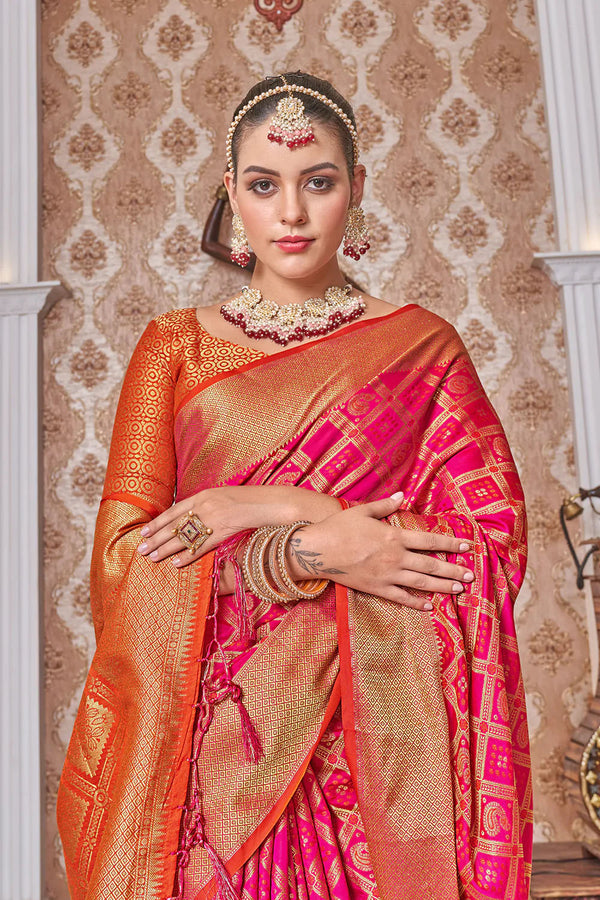 Pink And Orange Woven Banarasi Silk Saree
