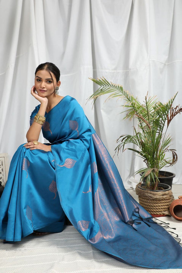 Turquoise Blue Zari Woven Banarasi Silk Saree