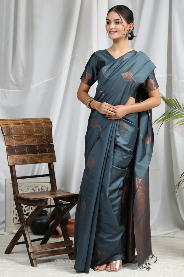 Slate Grey Zari Woven Banarasi Silk Saree