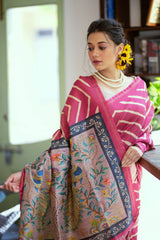 Magenta Pink Printed Tussar Silk Saree