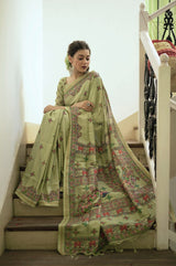 Pale Green Soft Tussar Silk Kalamkari Printed Saree