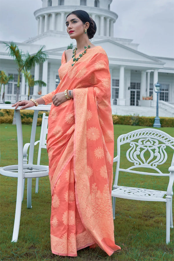 Coral Pink Lucknowi Cotton Silk Saree