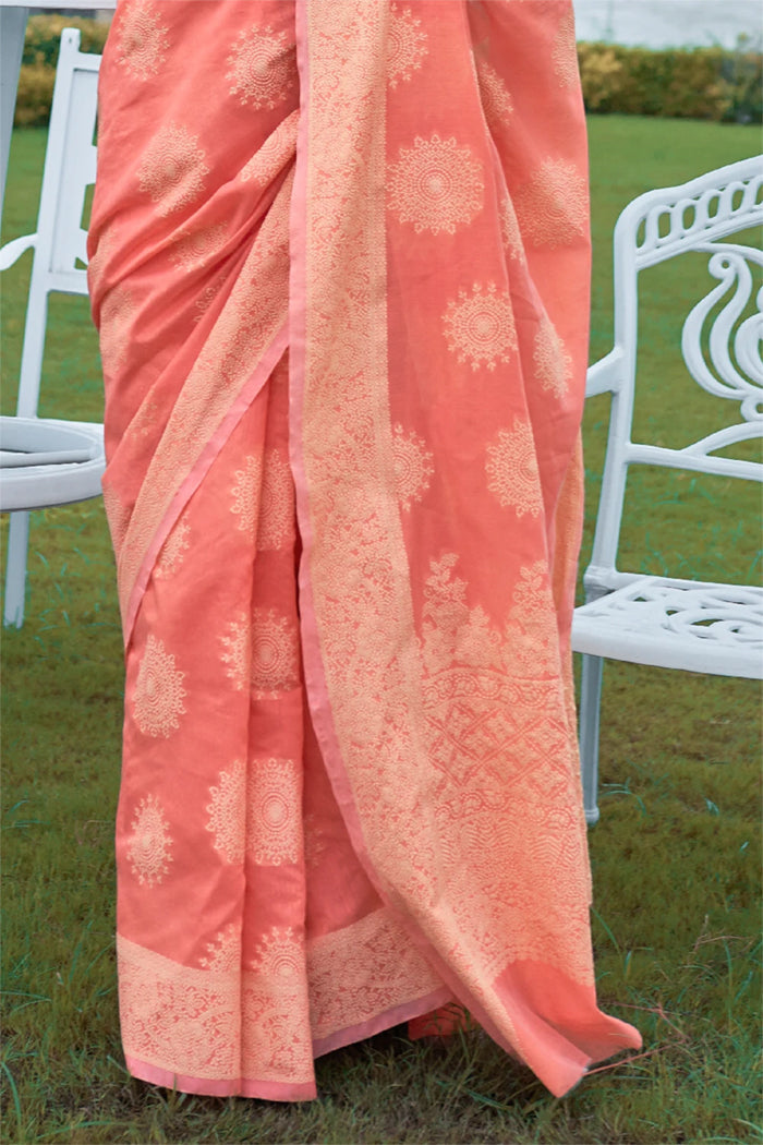 Coral Pink Lucknowi Cotton Silk Saree